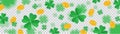 St Patrick shamrock pattern banner with flying gold coins on transparent background.