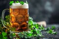 St. Patrick's Day background with a refreshing cold beer and clovers. Generative AI