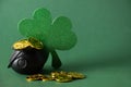 St. Patrick's day black pot with golden coins on green background. Royalty Free Stock Photo