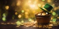 St Patrick's day concept - black pot with golden coins Royalty Free Stock Photo