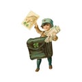 St. Patrick&#x27;s Day. Cute Girl In Irish Costume. Vintage Postcard