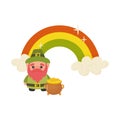 St patrick's day, cute leprechaun with pot of gold on rainbow background, . vector illustration on white background Royalty Free Stock Photo
