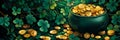 St. Patrick& x27;s Day with an eye-catching banner featuring a pot of gold coins, vibrant clover leaves Royalty Free Stock Photo
