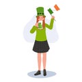 St. Patrick's Day Festive. Joyful Woman with Irish Flag