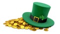 St. Patrick's Day. Green Leprechaun Hat with Clover and a lot of gold coins. isolated on white background. 3d render