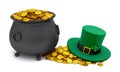 St. Patrick's Day. Green Leprechaun Hat with Clover and Treasure pot full of gold coins. isolated on white background Royalty Free Stock Photo