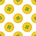 St. patrick's day seamless pattern, clover and gold coins. vector illustration Royalty Free Stock Photo