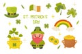 St. patrick's day set, leprechaun, pot of gold, clover, rainbow. On a white background. Royalty Free Stock Photo