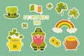 St. patrick's day sticker set, leprechaun, pot of gold, clover, rainbow. On a white background. Royalty Free Stock Photo