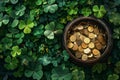 St. Patrick& x27;s Day in a vibrant banner featuring a pot of gold coins and lively clover leaves Royalty Free Stock Photo