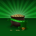 Vector St. Patricks Day Background with Leprechaun Pot Full of Golden Coins And Green Hat. Royalty Free Stock Photo