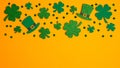 St Patricks Day banner design with green shamrock and four-leaf clovers, Irish elf hats, confetti. Flat lay, top view. Greeting Royalty Free Stock Photo