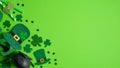 St Patricks Day Banner Design With Irish Elf Hats, Pot Of Gold, Shamrock And Four-leaf Clovers On Green Background. Happy St.