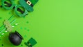 St Patricks day banner design. Top view pots of gold, drinking straws with shamrock four leaf clover, leprechaun hat and Patricks