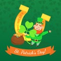 St. Patricks Day Banner Template with Funny Leprechaun, Pot of Gold Coins, Horseshoe and Clover Leaf Vector Illustration Royalty Free Stock Photo