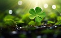 St Patricks Day Blurred Background. Photorealistic big five leaf clover in the center, close up, luck winning ticket. Royalty Free Stock Photo