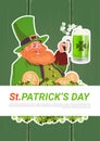 St. Patricks Day Card With Leprechaun Drinking Beer On Green Wooden Background Royalty Free Stock Photo