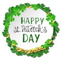 St. Patricks Day card. Wreath with clover leaves and coins on white background for greeting holiday design and lettering Royalty Free Stock Photo