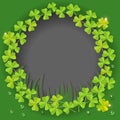 St. Patricks Day card. Wreath with clover leaves on green background for greeting holiday design. Vector illustration. Royalty Free Stock Photo