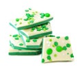 St Patricks Day chocolate candy bark, stacked over white