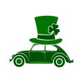 St Patricks Day Classic Car With Big Hat On Top, Saint Patrick Day Parade Symbol, Volkswagen Beetle Vector Illustration