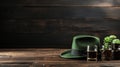 St. Patricks Day Composition with Beer Glass and Green Hat on Wood Background in Pub Royalty Free Stock Photo