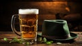 St. Patricks Day Composition with Clover, Beer, and Green Hat on Wooden Background, close-up