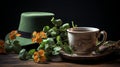 St. Patricks Day Composition with Flowers,a cup of herbal tea and Green Top Hat on Wooden Background Royalty Free Stock Photo