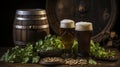 St. Patricks Day composition with leaf clover, beer mugs on wooden background in a lively pub