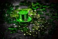 St. Patricks Day. Shamrocks, coins, leprechaun hat on vintage style wood background.