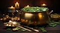St. Patricks Day concept. Clover-filled gold Pot, Radiant Golden Candles on background, Ai Generated