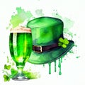 St Patricks day background. Green beer and green hat with clover. Watercolor Ai generative illustration.