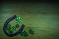 St. Patricks Day concept - rusty horseshoe with shamrock on green wood boards.