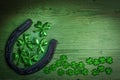 St. Patricks Day concept - rusty horseshoe with shamrock on green wood boards.