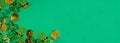 St Patricks Day corner border of shamrocks, leprechaun hats, gold coins and ribbon over a green banner background Royalty Free Stock Photo