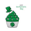 St Patricks Day cupcake with irish leprechaun hat, happy saint patrick day greeting card, black outline and green color