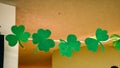 St. Patricks Day Festive Garland of Clover Leaf Shapes on Wooden Background