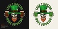 St Patricks Day funny label with skull, beer, text