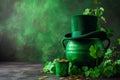 st patricks day green background with coins, hat and clover Royalty Free Stock Photo