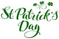 St. Patricks Day. Green lettering text and clover leaves
