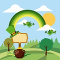 St patricks day green rainbow birds clover cauldron landscape