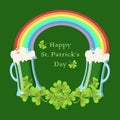 St. Patricks Day greeting card with clover leaves, green beer glasses, rainbow and text Lucky Day