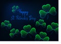 St. Patricks Day greeting card template with glowing low polygonal green shamrock leaves