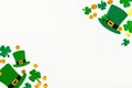 St Patricks Day greeting card template with leprechauns hats, shamrock clover leaves, confetti on white background