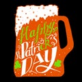St. Patricks Day greeting. Lettering St. Patricks Day. Vector illustration. Mug of beer, shamrock