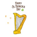 St Patricks Day hand drawn doodle celtic harp, vector illustration isolated on white