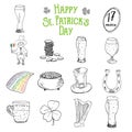 St Patricks Day hand drawn doodle icons set, with leprechaun, pot of gold coins, rainbow, beer, four leaf clover, horseshoe Royalty Free Stock Photo