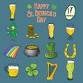 St Patricks Day hand drawn doodle icons set, with leprechaun, pot of gold coins, rainbow, beer, four leef clover, horseshoe, celti Royalty Free Stock Photo