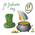 St Patricks Day hand drawn doodle set, with Irish traditional green leprechaun hat and a pot of gold coins at the end of rainbow,