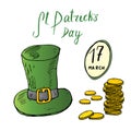St Patricks Day hand drawn doodle set, with Irish traditional green leprechaun hat and a stack of gold coins, vector illustration